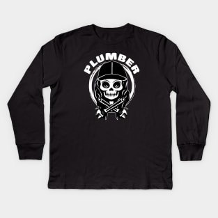 Female Plumber Skull and Wrench White Logo Kids Long Sleeve T-Shirt